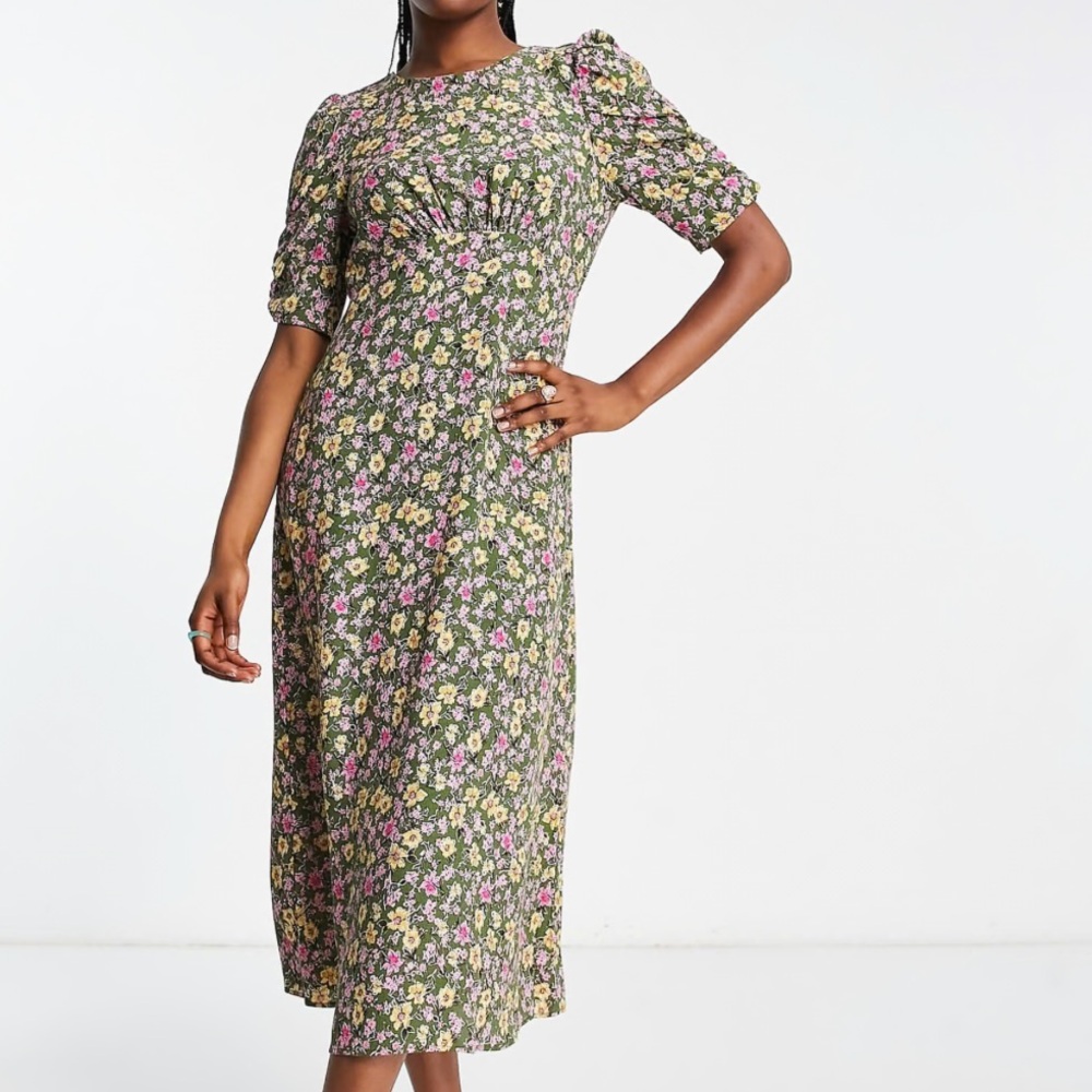 Floral Puff-Sleeve Midi Dress in Olive Green